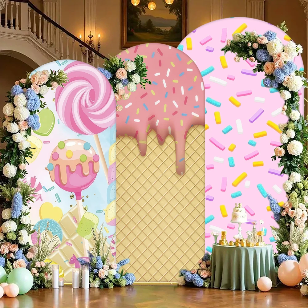 

Candy Party Arch Backdrop with Lollipops, Ice Cream & Donuts - Girls' Baby Shower/Birthday Decor, Cake Table Background