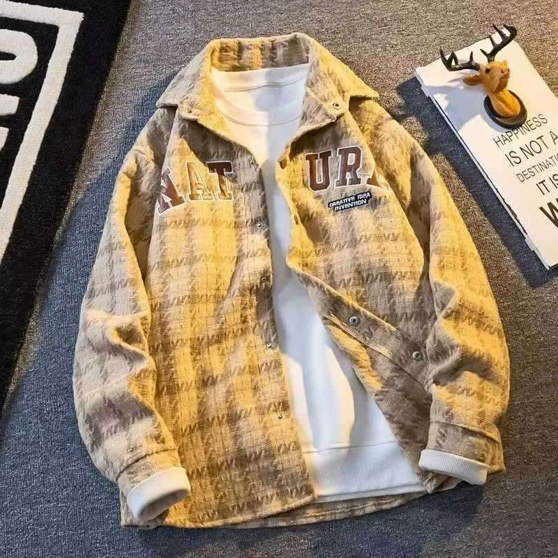 

Осень-зима, длинный клетчатый длинный све irt Jaet большого размера, мужской повседневный джерт в стиле ретро для мальчиков Haome Jaet с воротником на пуговицах