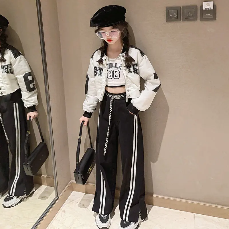 teen girls clothes set Short Color blocking coat+wide leg pants 2pcs youngsters Children clothing Outfits Kid Tracksuit 10 12 14