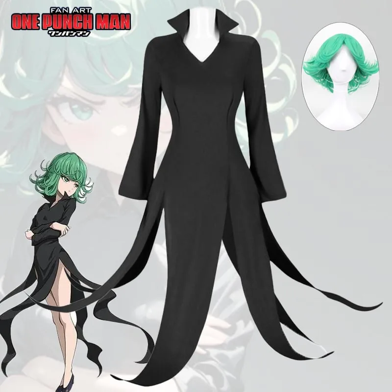 

Anime One Punch Man Terrible Tornado Cosplay Costume Senritsu No Tatsumaki Wig Sexy Black Dress Halloween Uniform for Kid Adult