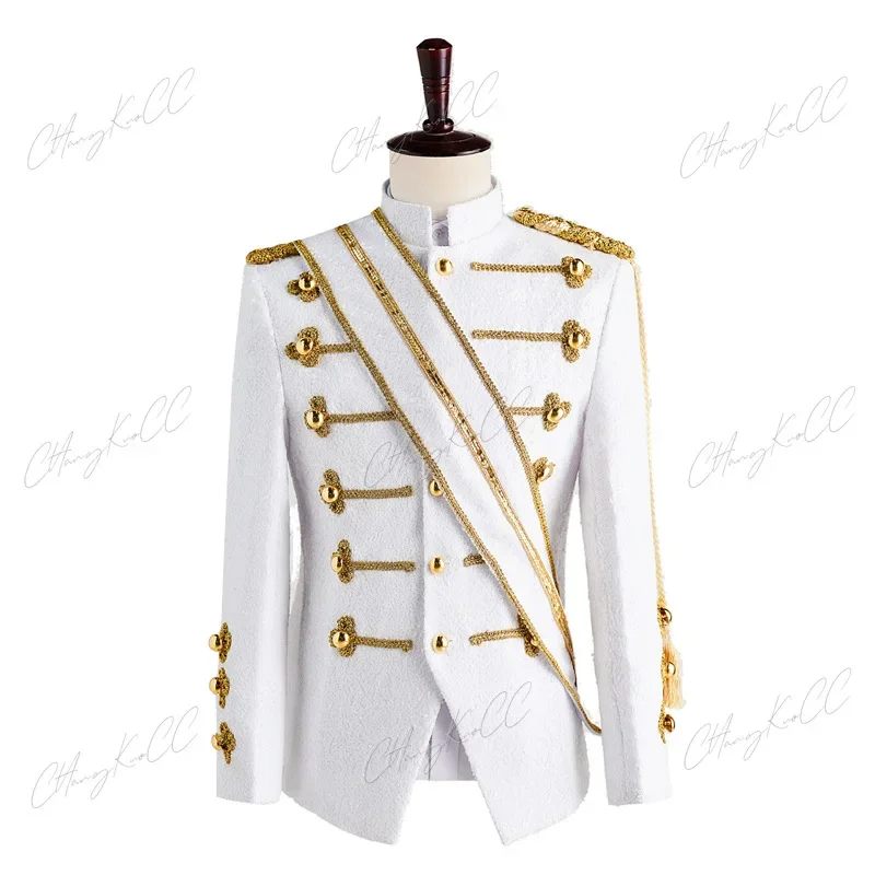 British Style Men\'s Tuxedo Suit Jacket Fashion Sequins Gentlemen\'s Wedding Party Gold Set Show Dress Military Show Dress