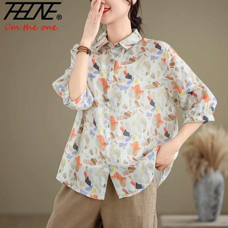 

THHONE Fashion Summer Women Blouses Shirts Korean Style Print Cotton Linen Blusa Mujer Camisas Casual Elegant Women's Clothing