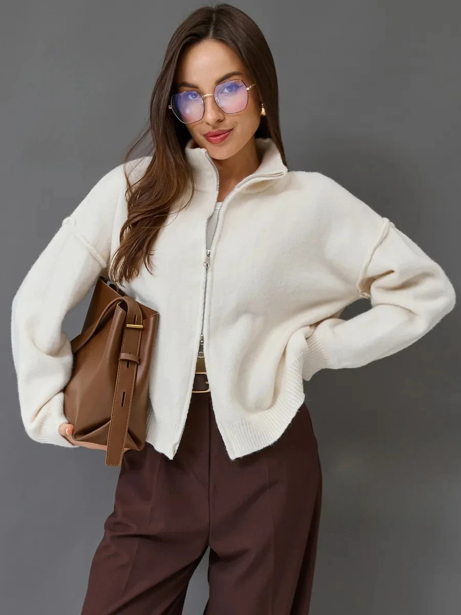 

Женская вязаная куртка на молнии с воротником-стойкой, однотонный теплый свитер, кардиган, корейские модные свитера большого размера, женские осенне-зимние