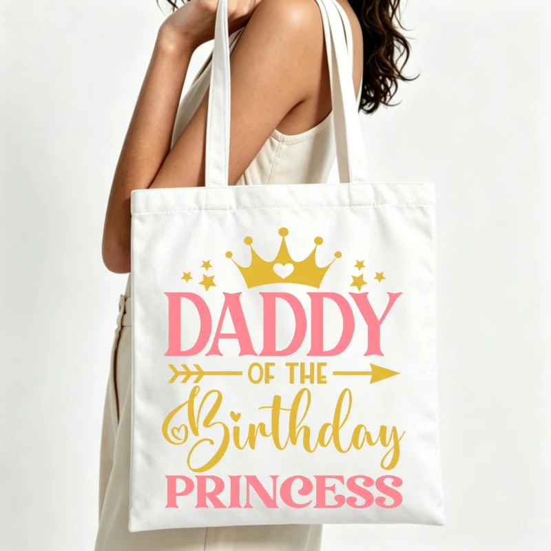 canvas tote bag with crown and letter print, casual style for daily shopping and birthday celebrations