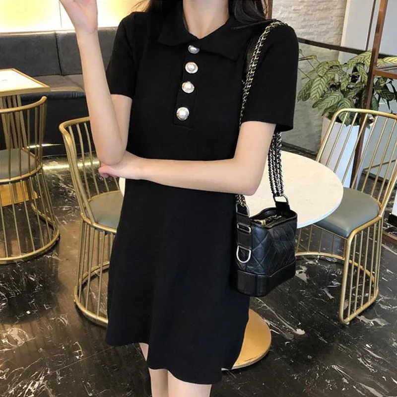 Damenbekleidung Aura Polokragen-Knopfkleider Basic Vintage Einfarbig Sommer Schlank Elegant A-Linie Taille Gestricktes Minikleid Neu