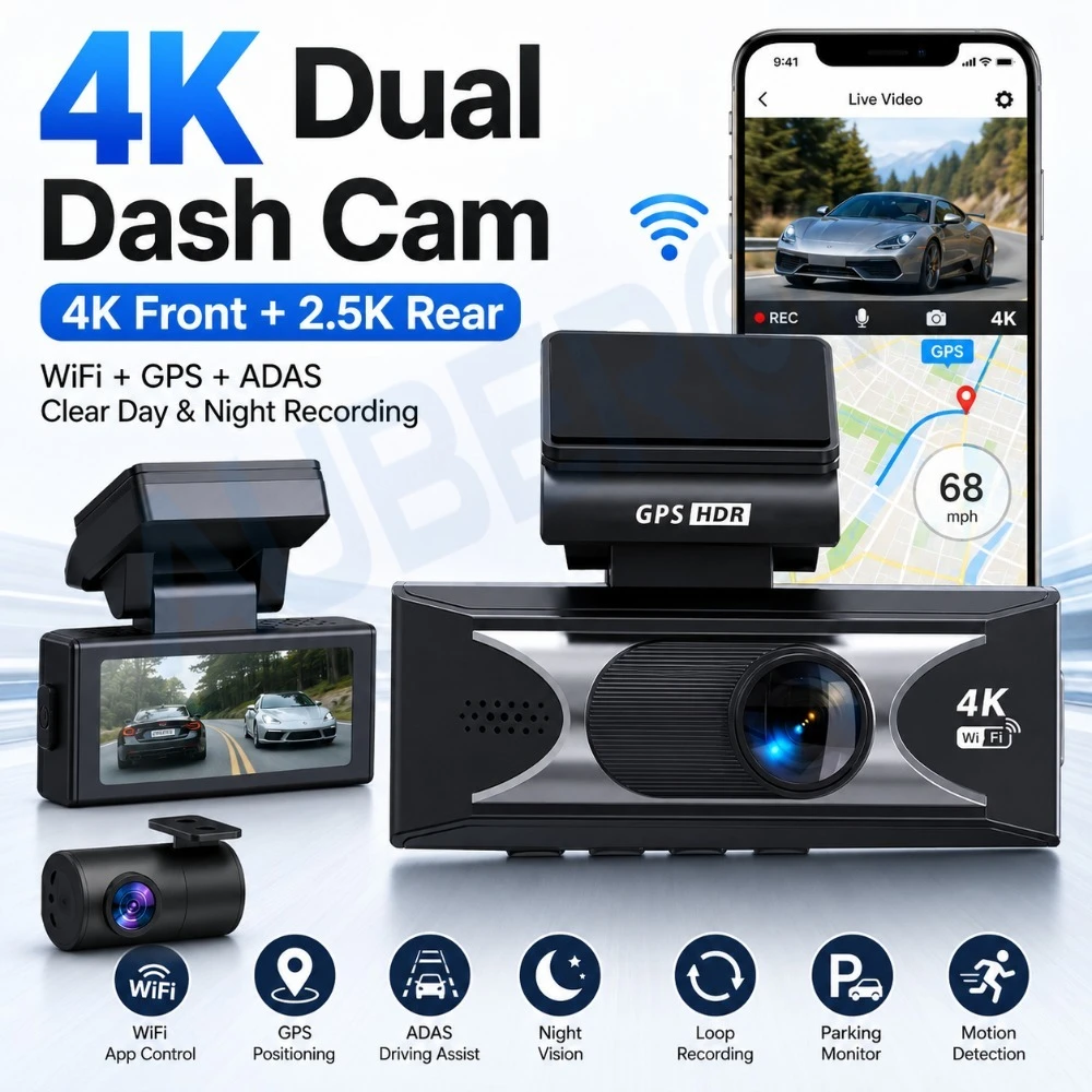 Dash Camera 4K Front 2.5K Rear Recording WiFi GPS ADAS Smart Driving Recorder Night Vision Collision Detection Loop Recording