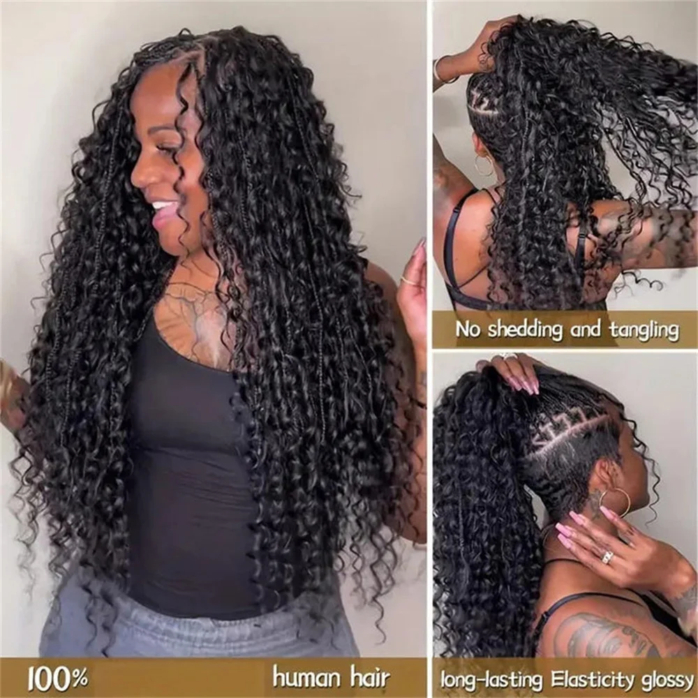 Trenzas bohemias negras naturales, cabello humano para trenzas sin nudos bohemias, cabello trenzado húmedo y ondulado, onda profunda a granel, sin trama, 22 pulgadas