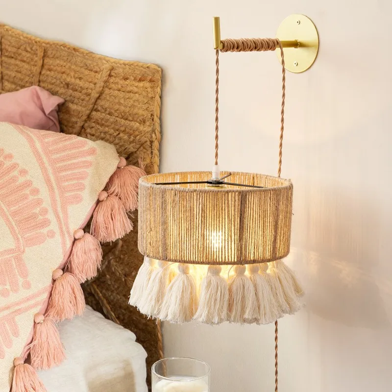 Imagem -05 - Bohemian Cotton Tassel Wall Sconce Wabi-sabi Hemp Rope Lamp Led Hand Knitting Quarto Wall Mounted Homestay Abajur E27