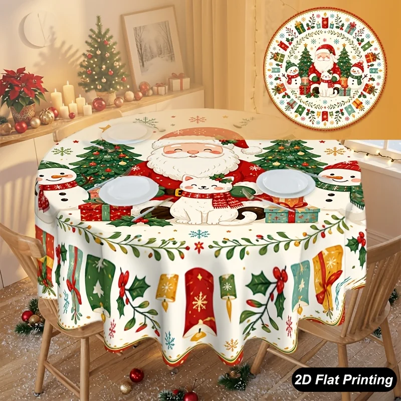 1 piece 2D flat Christmas round tablecloth, Santa Claus and snowman pattern