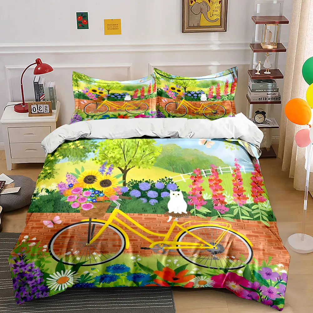 Yellow bike with flowers and white cat Pattern Duvet Cover Set Digital Print Colorful Polyester Bedding with Zipper Closur