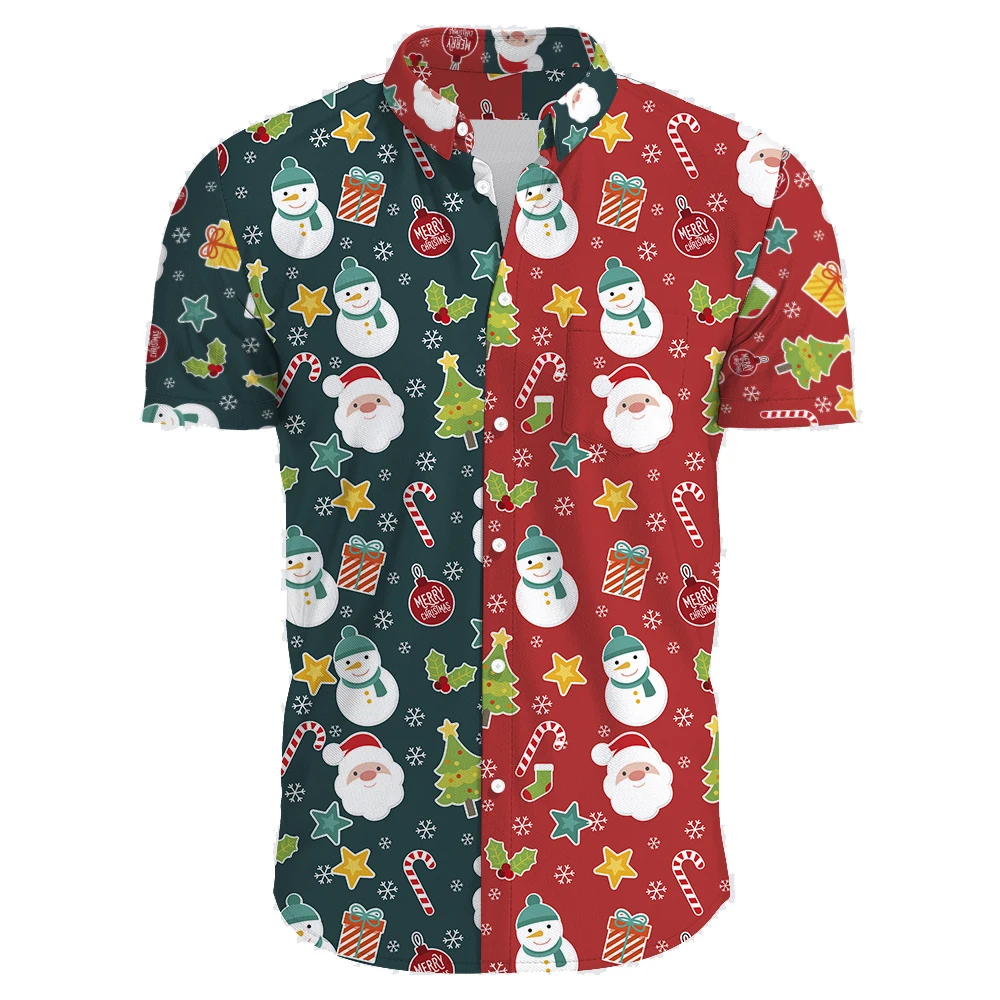 

New Year Santa Casual Festive Hawaiian Christmas Carnival Short Sleeve Shirt Men Y2K Tropical Plants Print Beach Aloha Beachwear