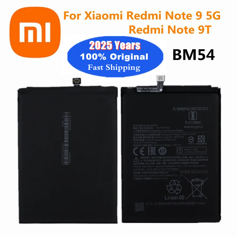 2025 Years Xiaomi 100% Original High Qulity 5000mAh BM54 Battery For Xiaomi redmi note 9 5G /Note 9T MTK 800U Batteries Bateria