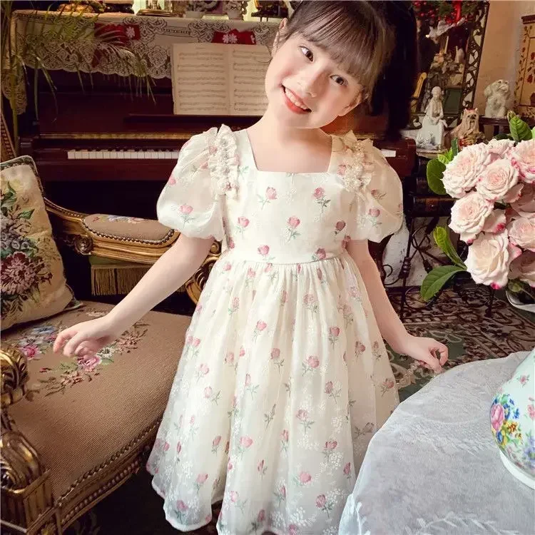 Sommer Mädchen 1–8 Jahre Blumenrosen Prinzessin Kleid Spitze abgestufte Schleife hinten Perlenakzent knielang Party Geburtstagsfeier – Detail 12