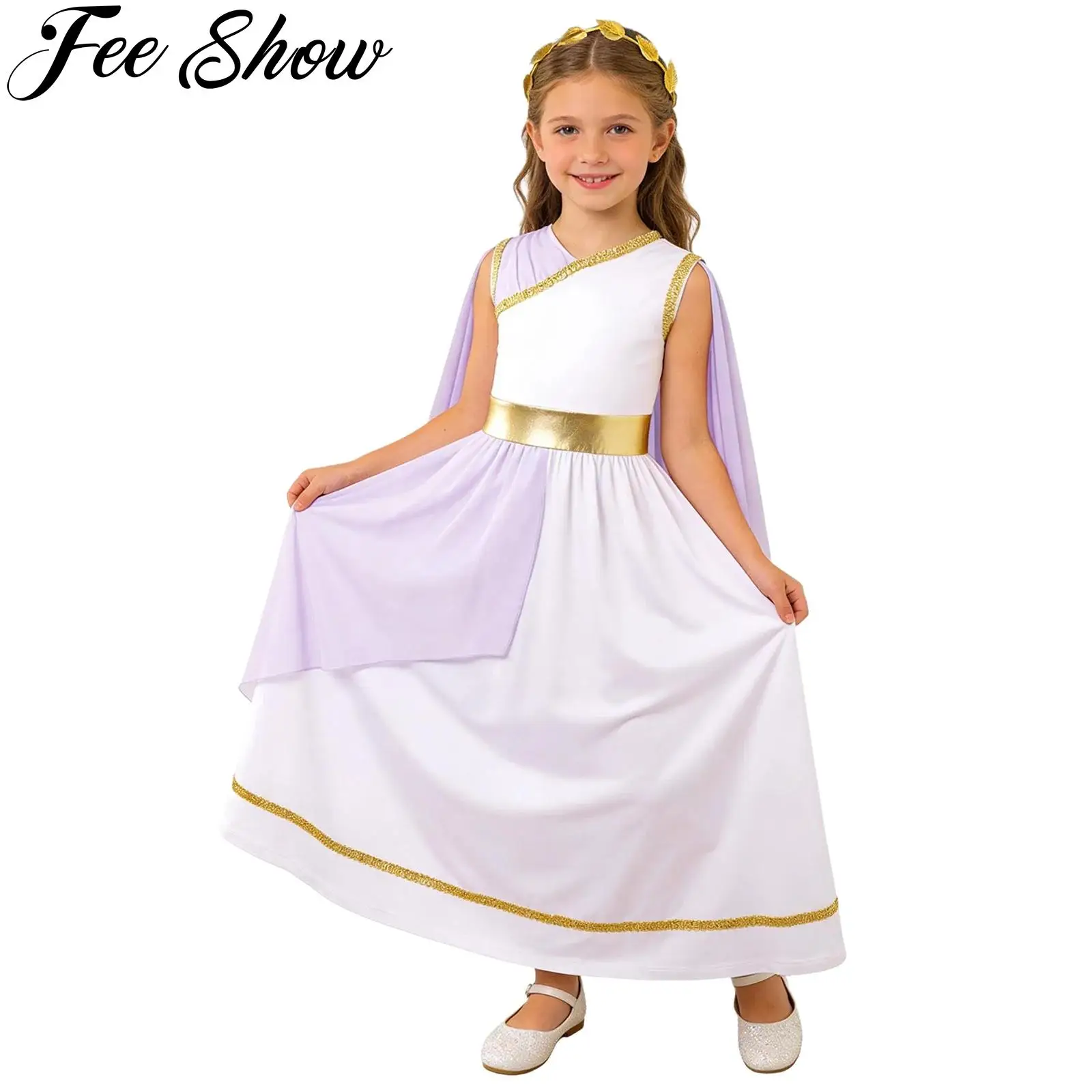 Kids Girls Halloween Ancient Greek Roman Athena Goddesses Princess Cosplay Toga Costume Sleeveless Shawl Tulle Dress Headwear