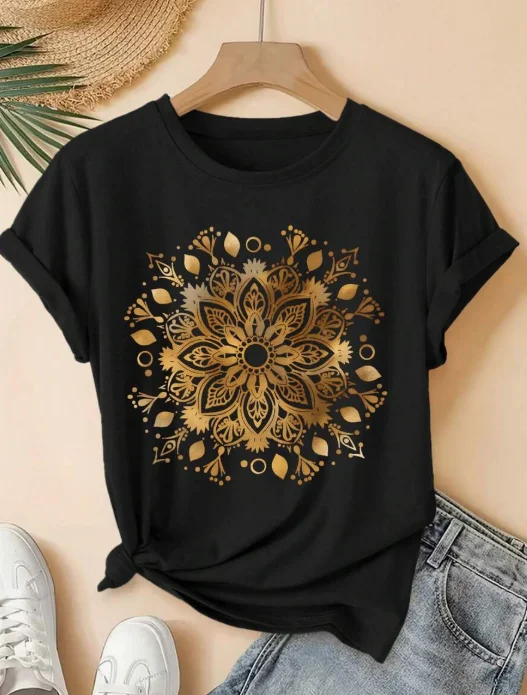 2026 Fashion New Plus Size Golden Mandala Print Stretchy Non Sheer Summer Casual Short Sleeve Basic Top Tee