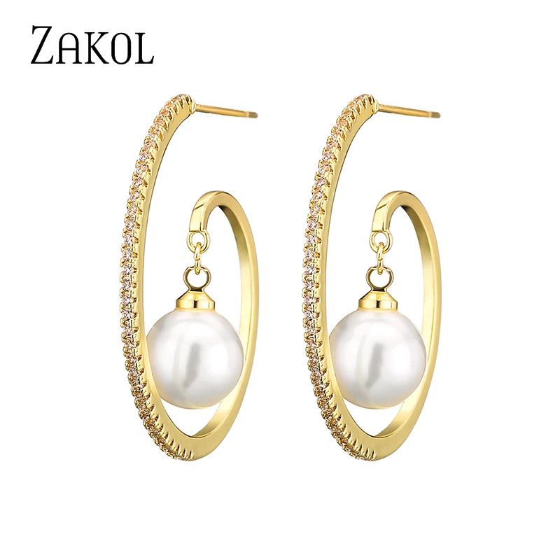 ZAKOL Brand Korean Micro Cubic Zirconia Circle Shape Statement Drop Earrings for Women Exquisite Pearl Bridal Wedding Jewelry