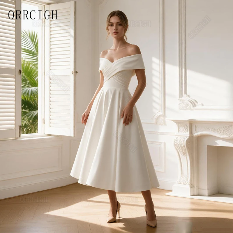 White Off Shoulder Satin Wedding Dresses for Bride Pleated Sleeveless Tea Length Bridal Gown Elegant Engagement Dress
