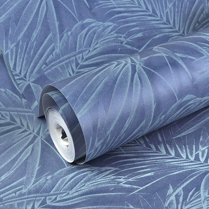 

Nordic Blue Palm Leaves Wallpaper Simple Modern Home Living Room Bedroom Solid Color Wall Paper for Study Room Porch Resturant