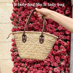 Large Capacity Straw Woven Handmade Bucket Bag Women Shoulder Bag Fashion Handbag Summer Vacation Holiday Beach Bag Casual Bag