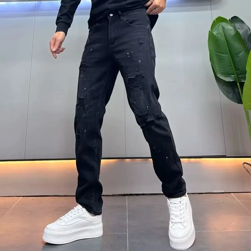Fashion 2026 Design Ripped Jeans Men's New Ruffian Handsome Casual Splashing Ink Slim-fit Ripped Pants Cowboys Black Trousers