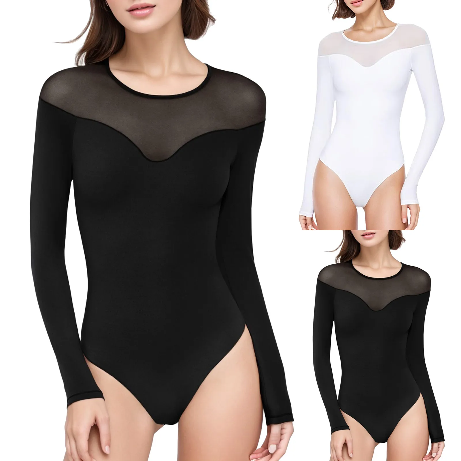 Sexy Frauen Body Langarm Durchsichtig Dünne Mesh Patchwork Urlaub Party Club Streetwear Bodycon Tops