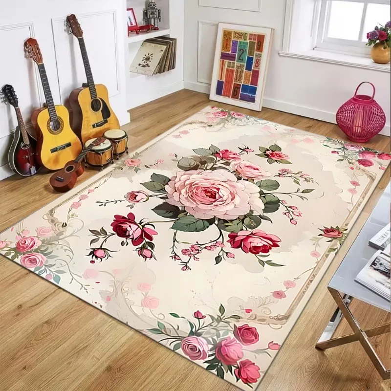 Vintage French Style Pink Rose Floral Rug Elegant Romantic Botanical Non-Slip Carpet Country Farmhouse Home Decor for Bedroom
