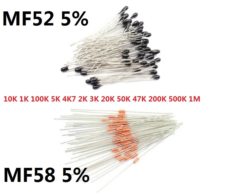 20pcs 10k 1K 100K 5K 4K7 2K 3K 20K 50K 47K 200K 500K 1M OHM NTC Thermistor Resistor NTC-MF52-10K +/-5% 3950 B MF58 Resistor