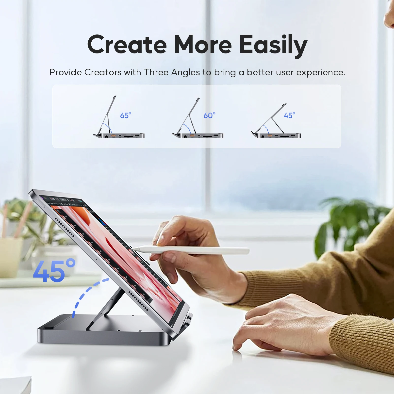 PULWTOP iPad USB C ハブ、4K HDMI 付き iPad ドック、PD 100W、M.2 NVMe SSD をサポート、iPad、MacBook、Windows 用の折りたたみ式スタンドベース