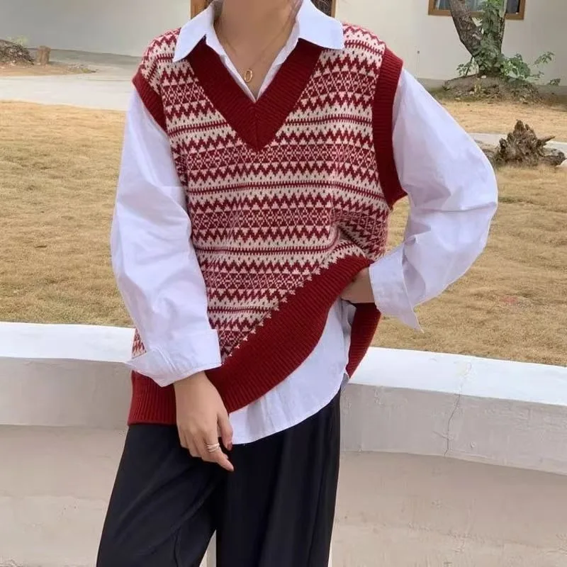 

Женский новый осенне-зимний свободный крой с v-образным вырезом, жаккардовый полосатый вязаный кардиган, жилет, винтажный пуловер в лесном стиле, верхняя одежда