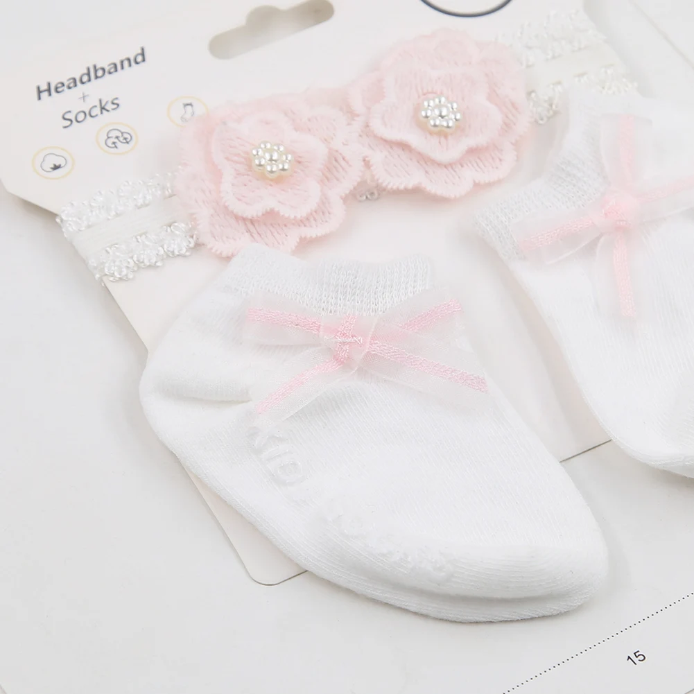 3Pcs/Set Lace Flower Baby Headbands Socks Wing Bow Cotton Non-slip Anklet 0-12M Stockings Wide Elastic Hairbands Infant Socks