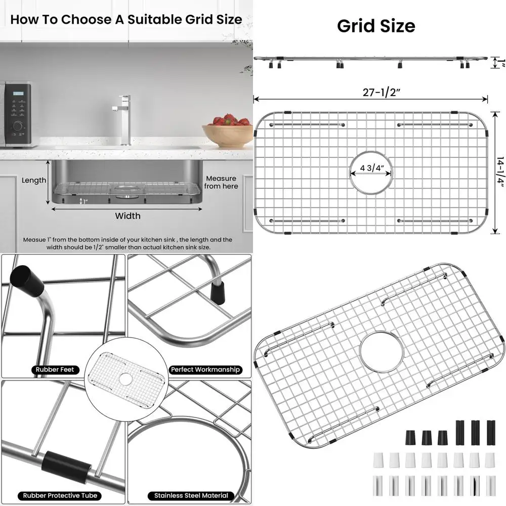 

Stainless Steel Sink Grid, 27-1/2 x 14-1/4, Centered Drain, 3-1/2 Radius, Kitchen Sink Protector