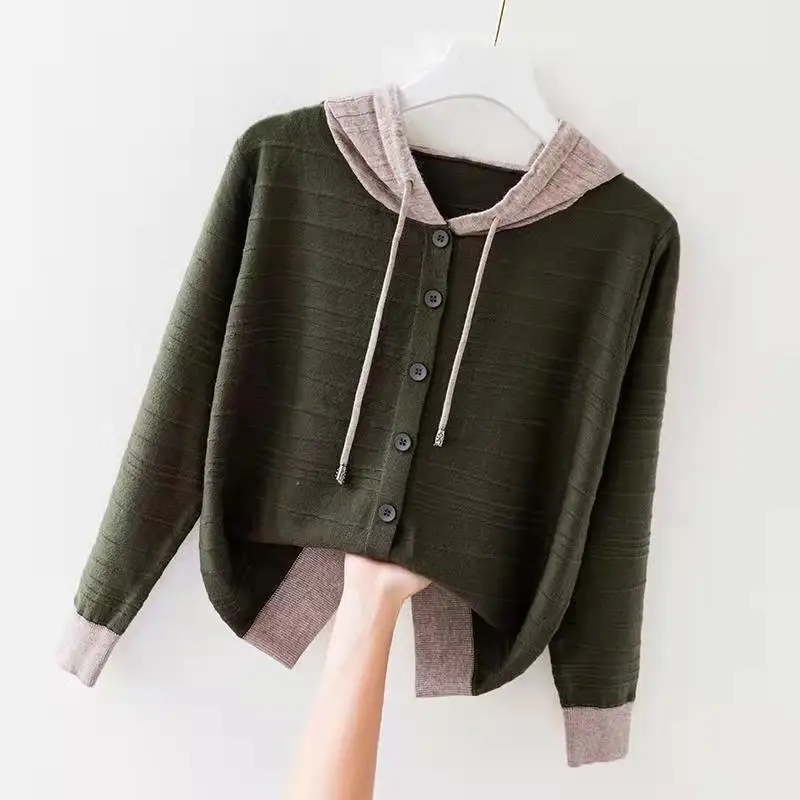 Hooded Knitted Cardigan for Women Loose and Stylish Thin with a Hat Short Sweater Jacket Top