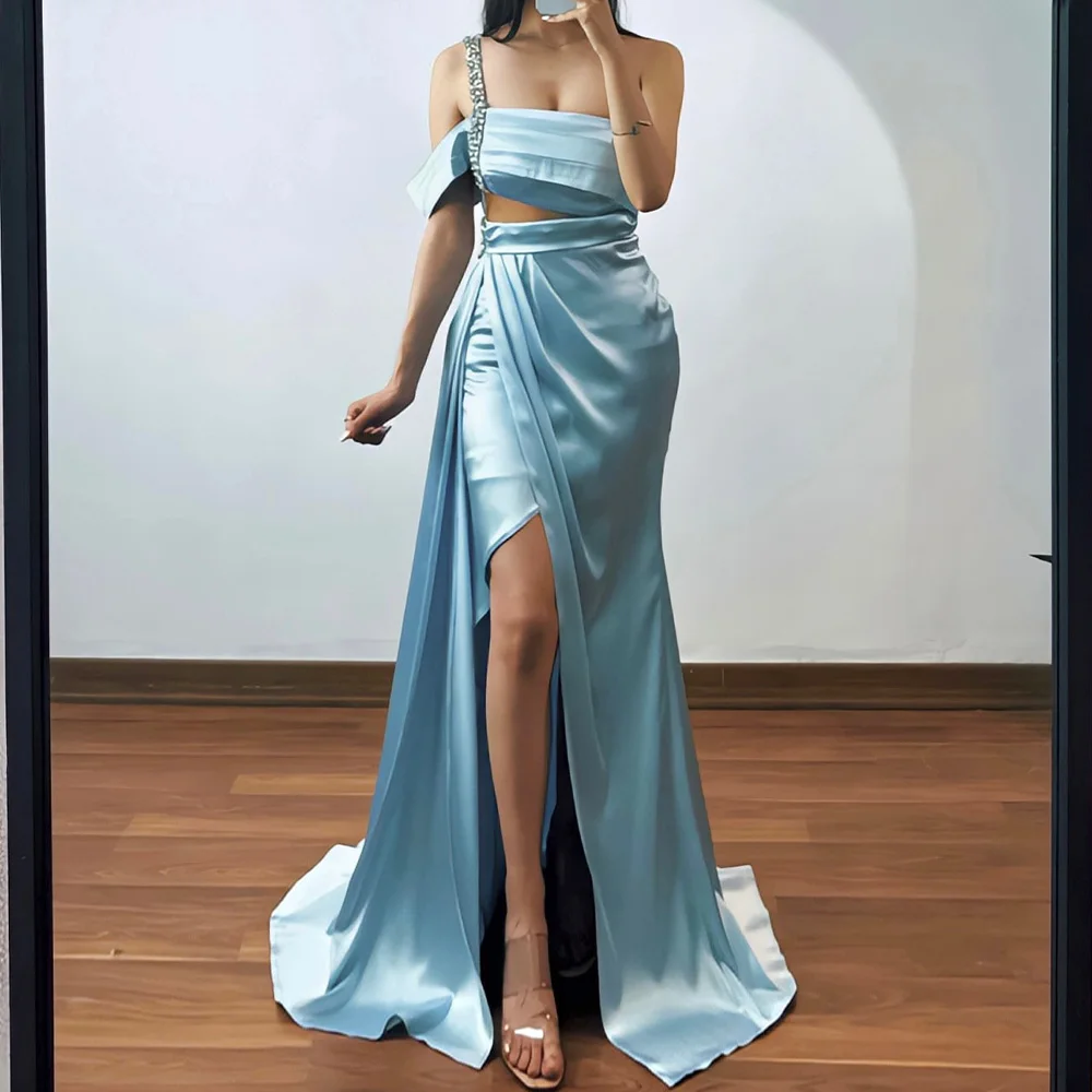 

Customized Modern Straight Floor Length Strapless Spaghetti Straps Satin Crystal Evening Dress Elegant vestidos para mujer