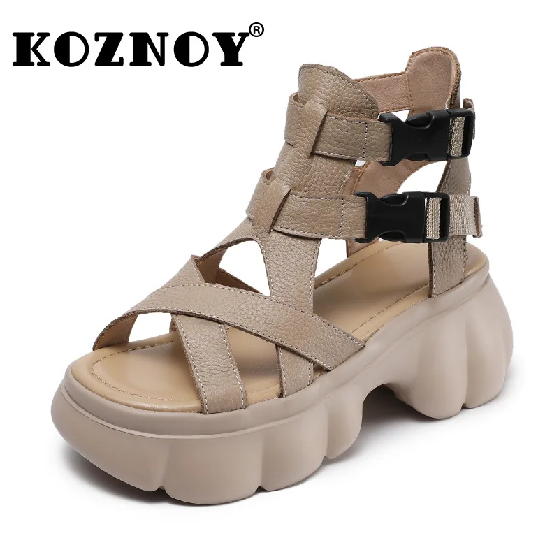 

Koznoy 7 см ботильоны из коровьей кожи в этническом стиле, женские ботильоны на платформе, дышащая летняя модная обувь на танкетке с полой пряжкой