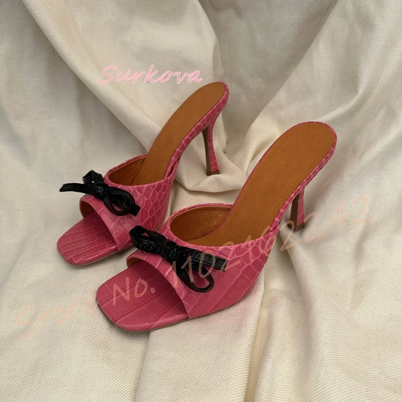 Bowknot Pink Sandals Open Toe Square Head Medium Heel Stiletto Slippers Fashionable Sexy Outdoor Summer Women'S Shoes Gladiator