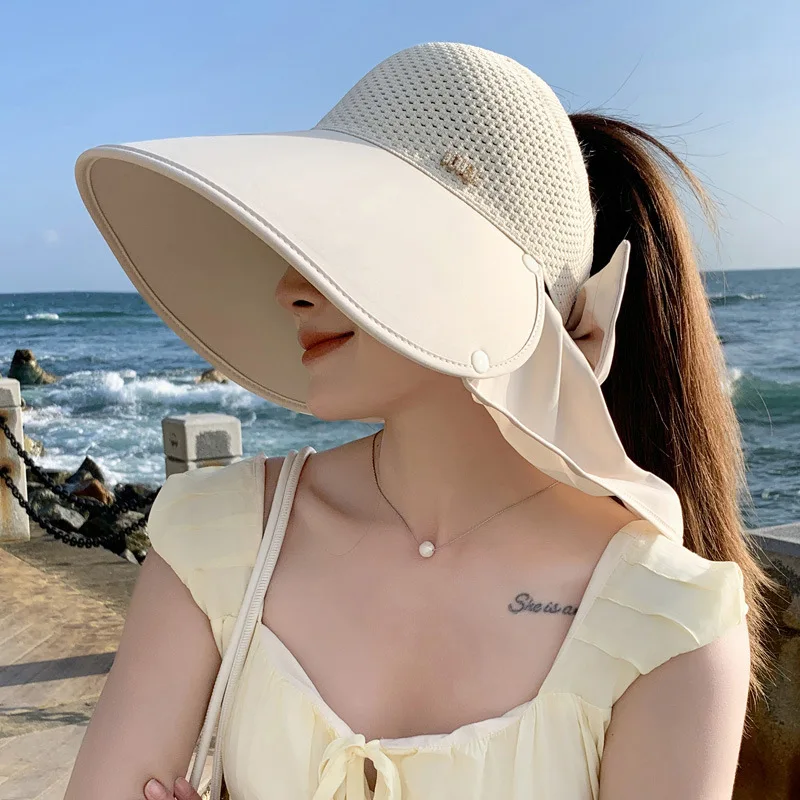 

Summer women's hat with high-class feeling, rhinestone sun visor hat, anti-UV hollow top hat with neck protection and shaw