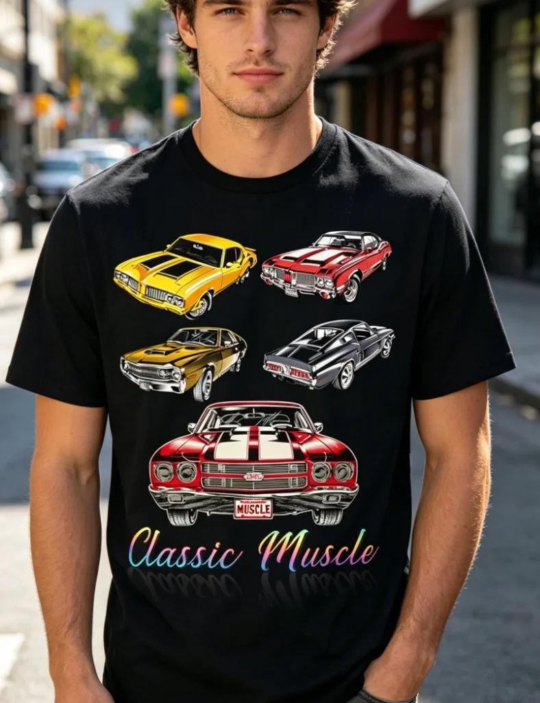 Men's Vintage American Muscle Car Print T-Shirt- Breathable, Stretchy, Loose Black Vintage Classic Muscle Car Pattern T-Shirt