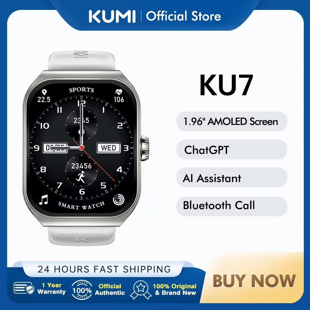 

KUMI KU7 Smartwatches 1.96" Amoled Screen 100+Sport Modes NFC IP68 Waterproof Bluetooth Call Health Sleep Monitoring SOS