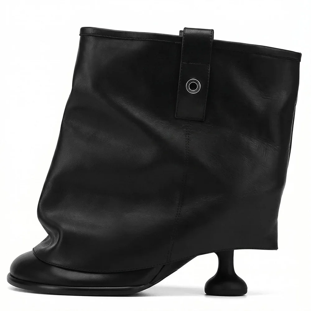 Women Black Fold Over Pocket Tube Ankle Boots Unique Mushroom Kitten Heel Slip On Street Fashion Leather Short Booties