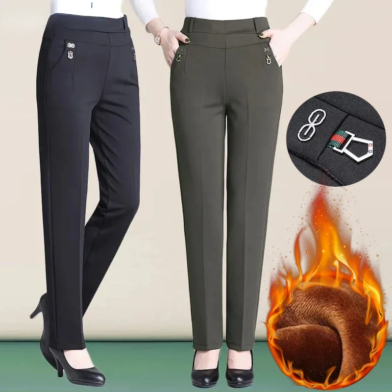 

New Winter Classic Thicken Straight Pants Women Plus Velvet Office High Waist Pantalones Oversize Stretch Warm Plush Trousers