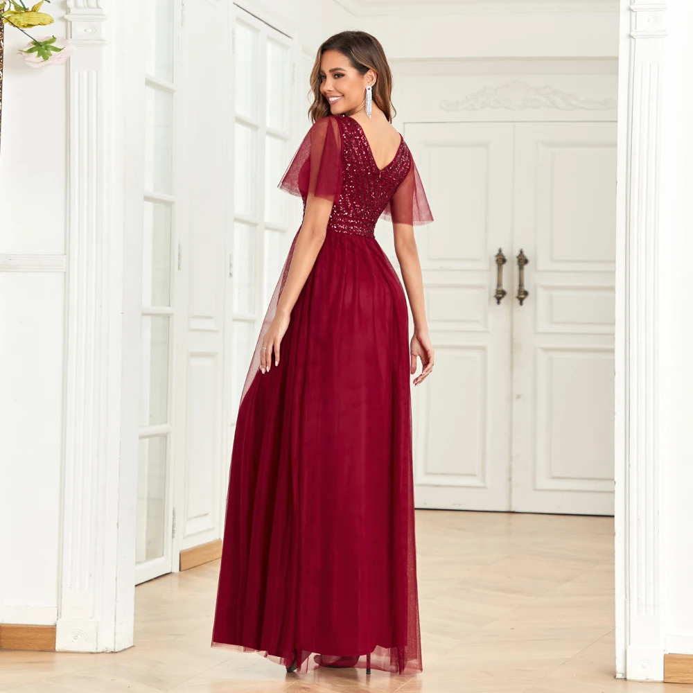 Plus Size 2023 New V-Neck Burgundy Evening Dresses A-Line Tulle Sequin Short Sleeve Wedding Party Long Dress