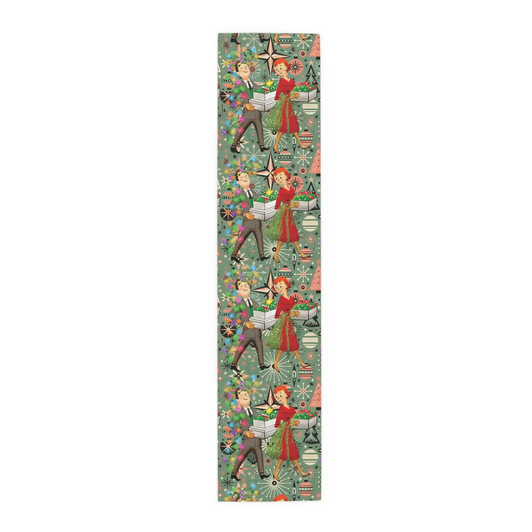 Retro 50s Kitsch Christmas Table Runner with Tassels, Mid Century Modern MCM Vintage Style Holiday Dining Decor