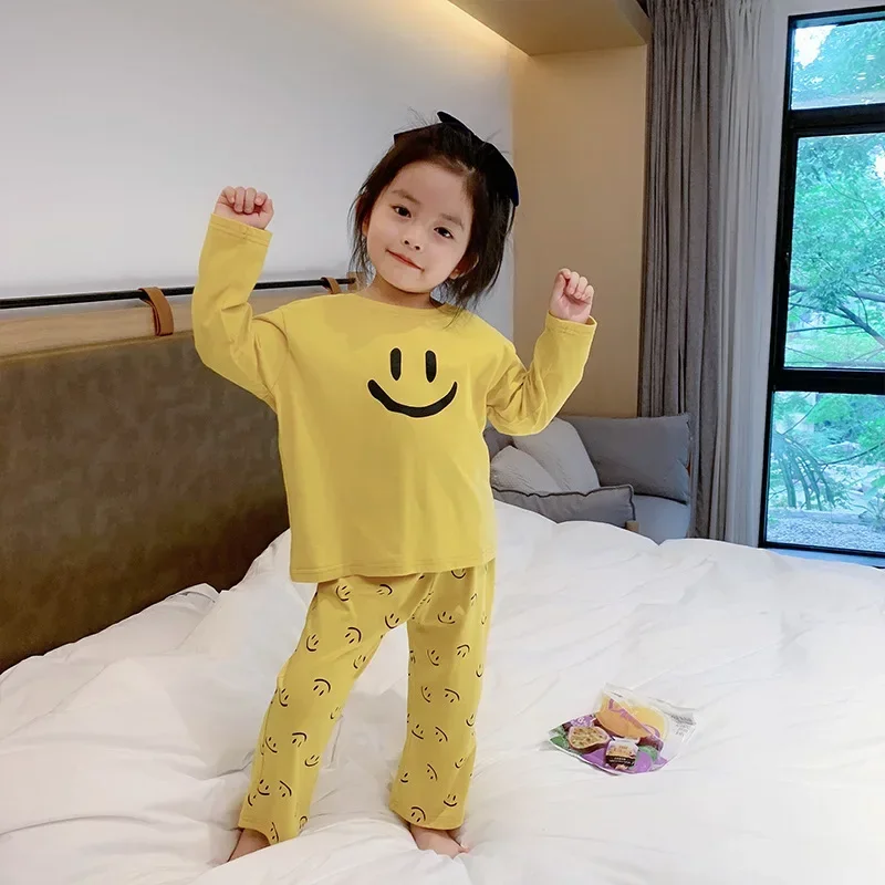 Boys Girls Sleepwear autumn fall Korean 2020 Two Piece Baby Long Sleeve Suit Smile Face Cotton Toddler Pajamas Set 2 to 10 yrs