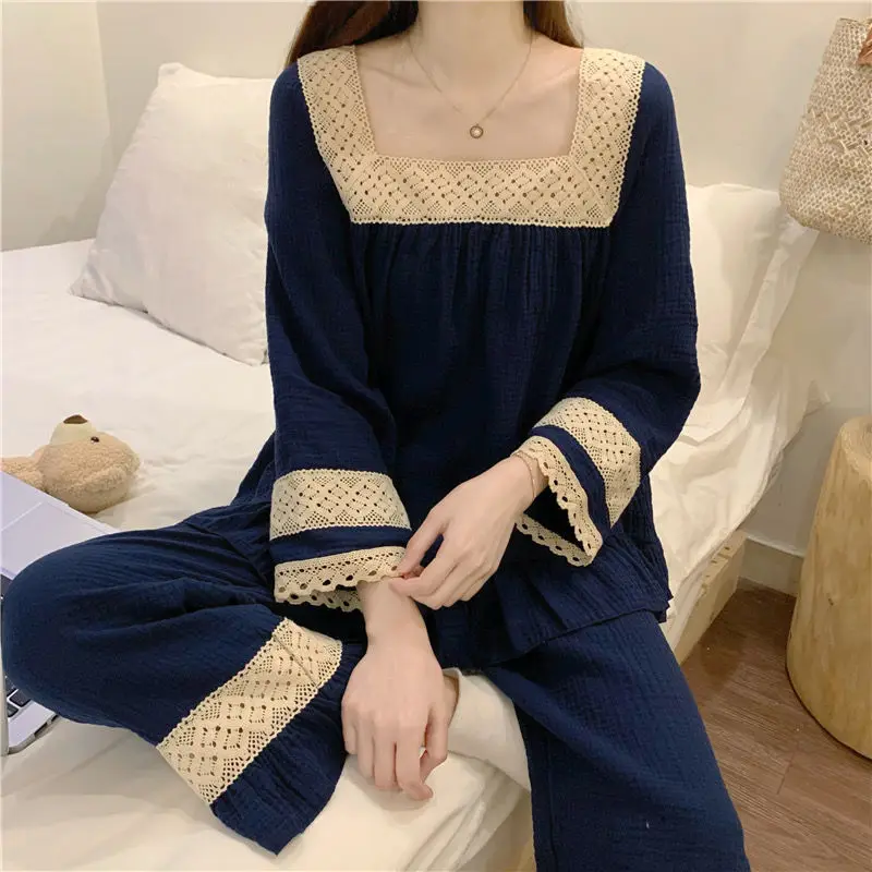 Kawaii Clothes Woman Sleepwear Long Sleeve Square Neck Pajama Sets Loungewear Sets Vintage French Princess Pant Korean Nightwear