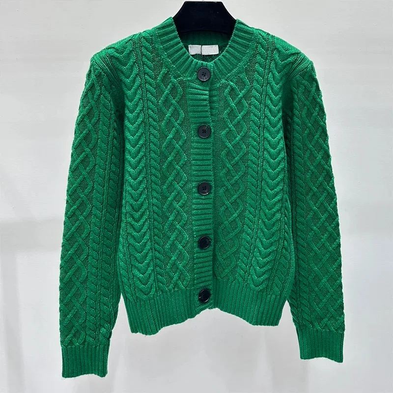 

High quality Women 100% Cashmere Sweater O-neck Cable Knit Cardigan Preppy Style Autumn Winter Thick Soft Tops 1019039