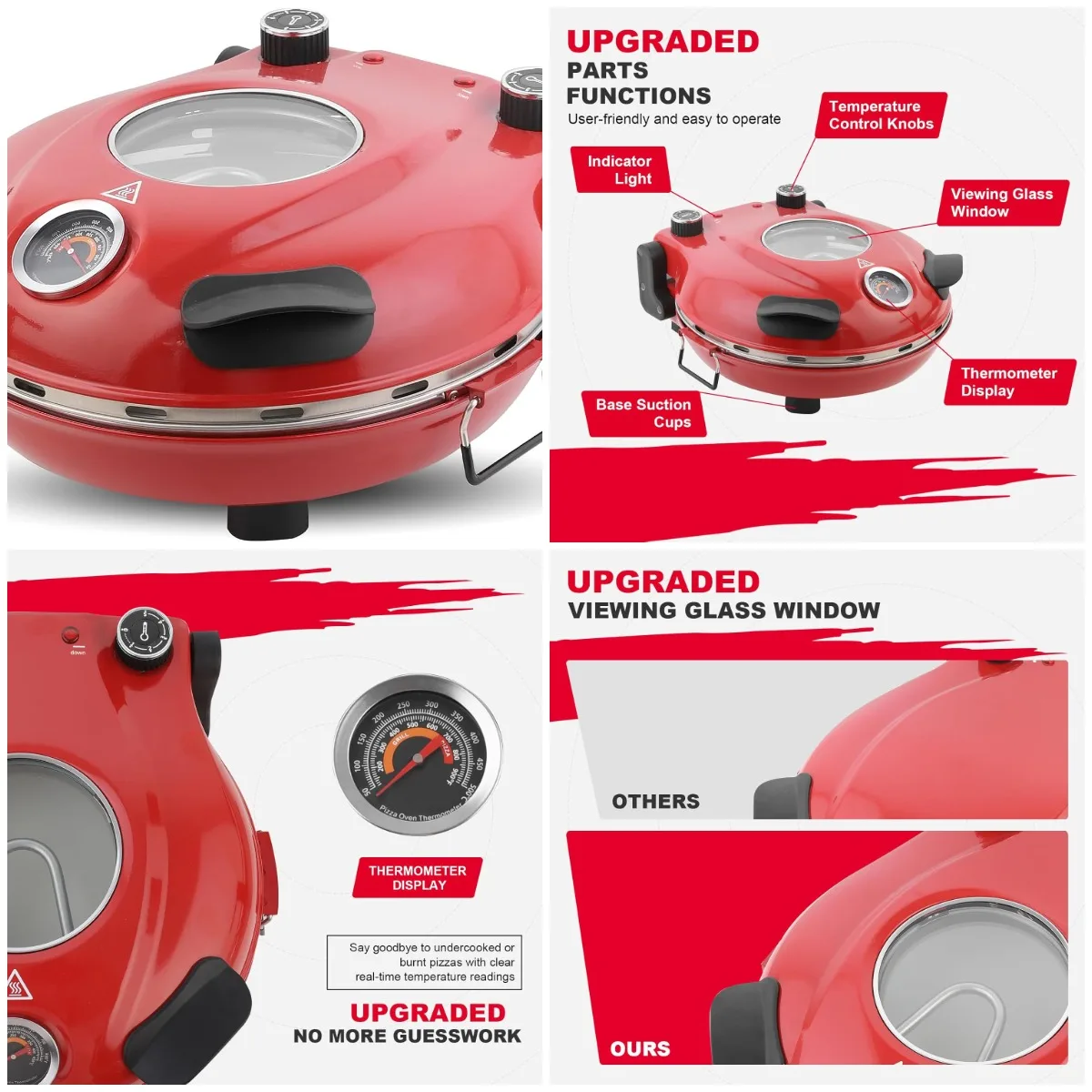 Elektrischer Pizzaofen, 31 cm Keramikstein, 4 Minuten, 5 Temperaturstufen bis 420 ° C, Rot