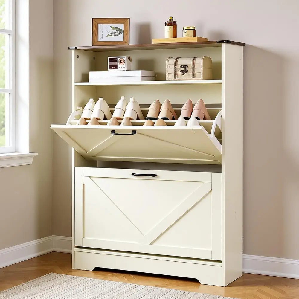 

Тумба для обуви с двойными дверцами и раздвижными дверями, длина 31,5 дюйма, тонкий дизайн, регулируемые полки, теплый белый цвет