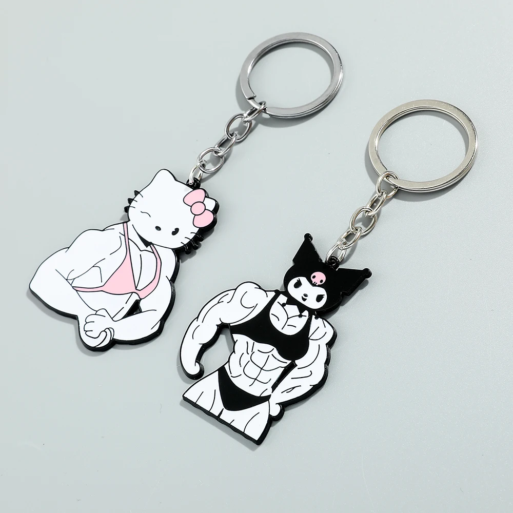 Funny Hello Kitty Kuromi Muscular Man Pendant Keychain for Women Men Backpack Keys Holder Accessories Birthday Graduation Gifts