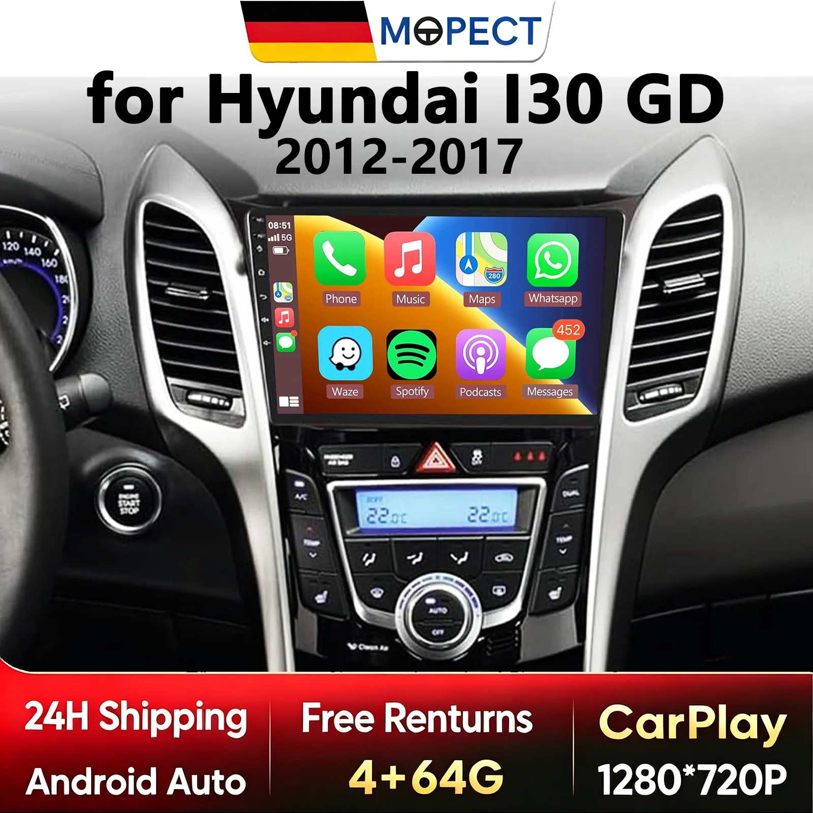 MOPECT 9-Zoll 4+64G 2DIN Display Android 15 Für Hyundai I30 2012-2016 Kabelloses CarPlay Android Auto Autoradio GPS-Navigation