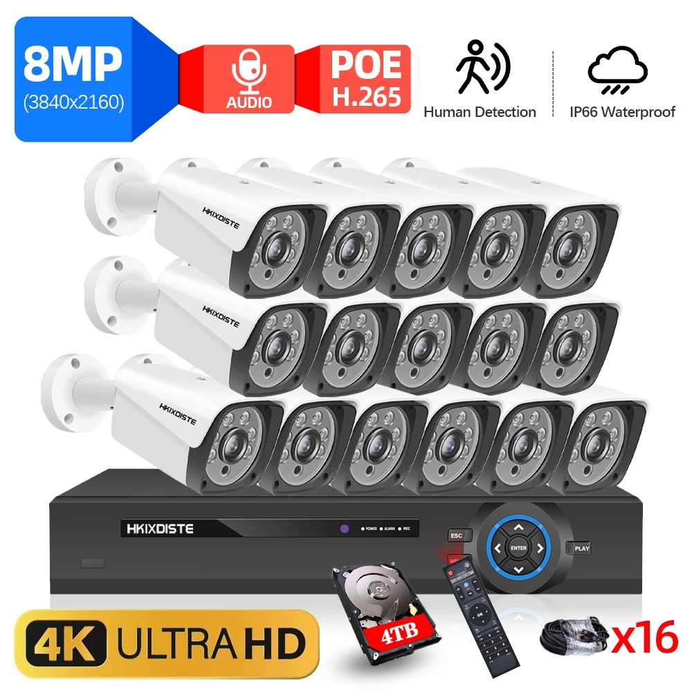 

H.265 16CH 4K POE NVR Kit Outdoor 8MP CCTV Security Camera System Human Detection POE IP Bullet Camera Video Surveillance Set